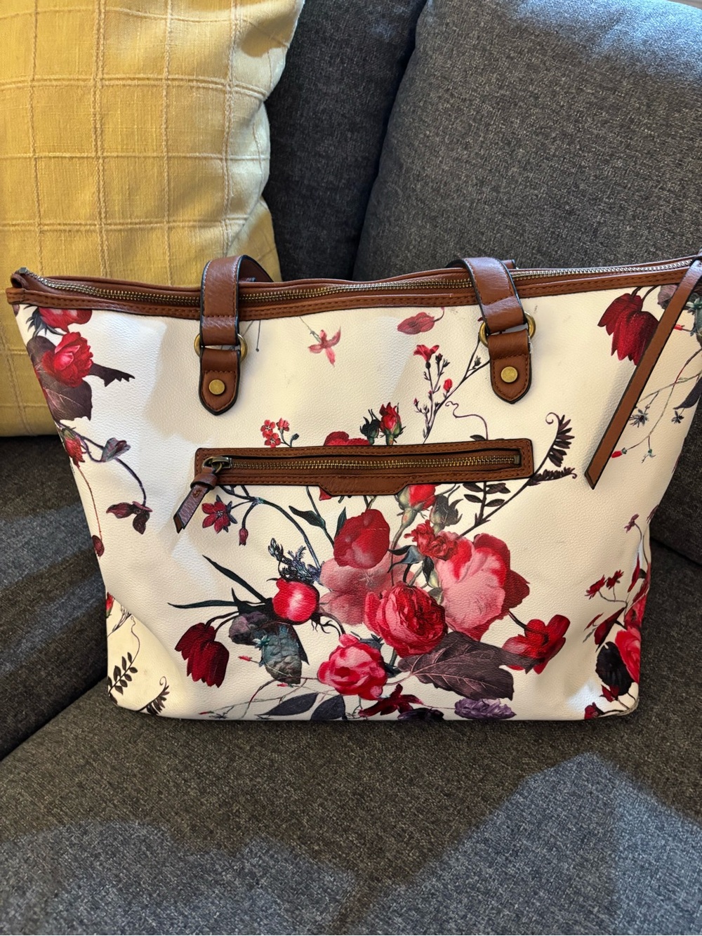 Floral Print Tote Bag in Cream with Red & Pink Blooms